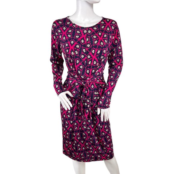 Ingenue London Pink Geometric Long Sleeve Front Tie Stretch Sheath Dress Sz US 8 - Picture 1 of 8